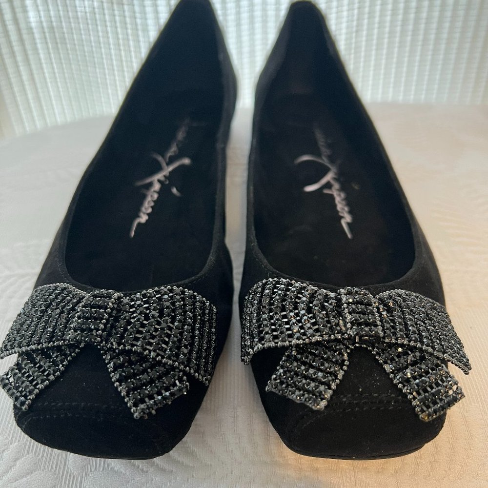 *NEVER WORN* Jessica Simpson Shoes Black Suede Ballet Flats with Rhinestone Bows